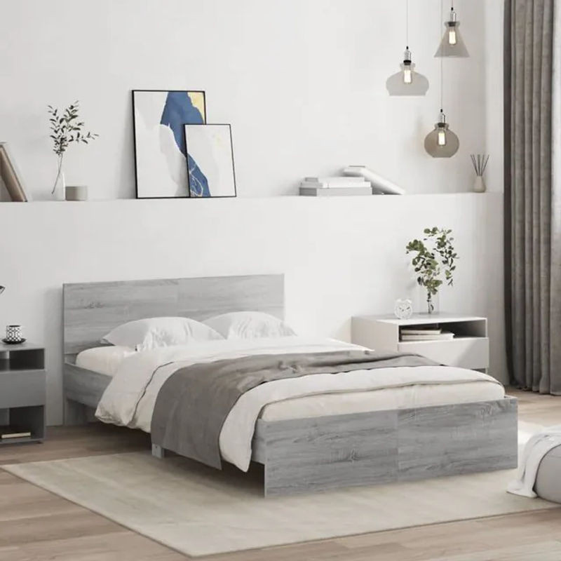 Vidaxl Bettrahmen mit Kopfteil in Grau, Einzelbett aus Holzwerkstoff, B/T/H: 135 x 190 cm - Bild 1
