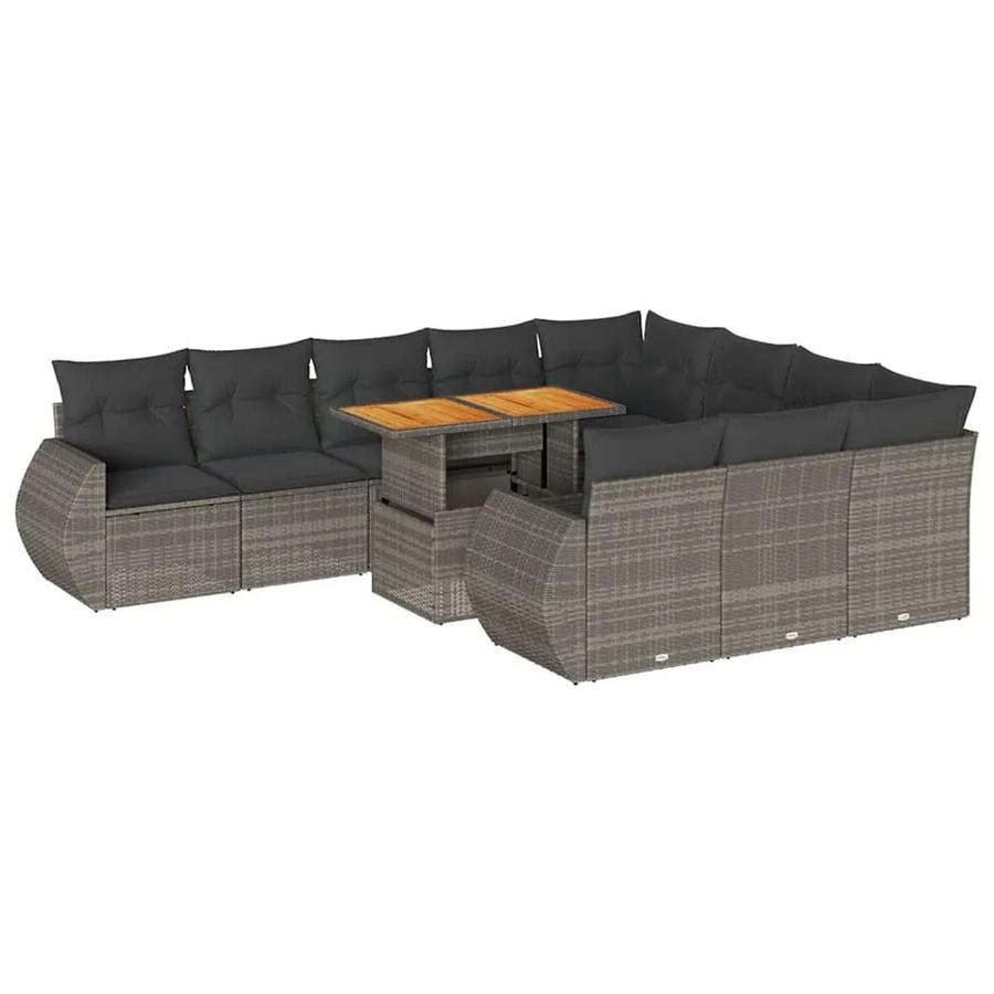 vidaXL 11-teilige Garten-Sofagarnitur aus Poly-Rattan und Akazienholz in Grau mit Kissen - Bild 2