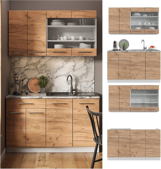 Vicco Küchenzeile Fame-Line Single Einbauküche in Weiß und Eiche mit 140 cm Breite - Bild 1