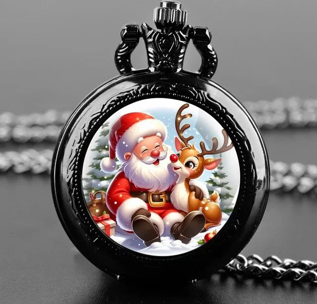 Weihnachtsmann Taschenuhr mit Elch-Glaskuppel und starker Kette, schwarzes Quarzwerk mit arabischem Zifferblatt - Bild 1