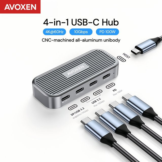 AVOXEN USB-C Hub in Silber mit 4K 60Hz Videoübertragung, PD 100W Power Delivery und 10Gbps Datenübertragung, Aluminium USB 3.2 Gen 2 Dockingstation und Typ-C Adapter - Bild 1