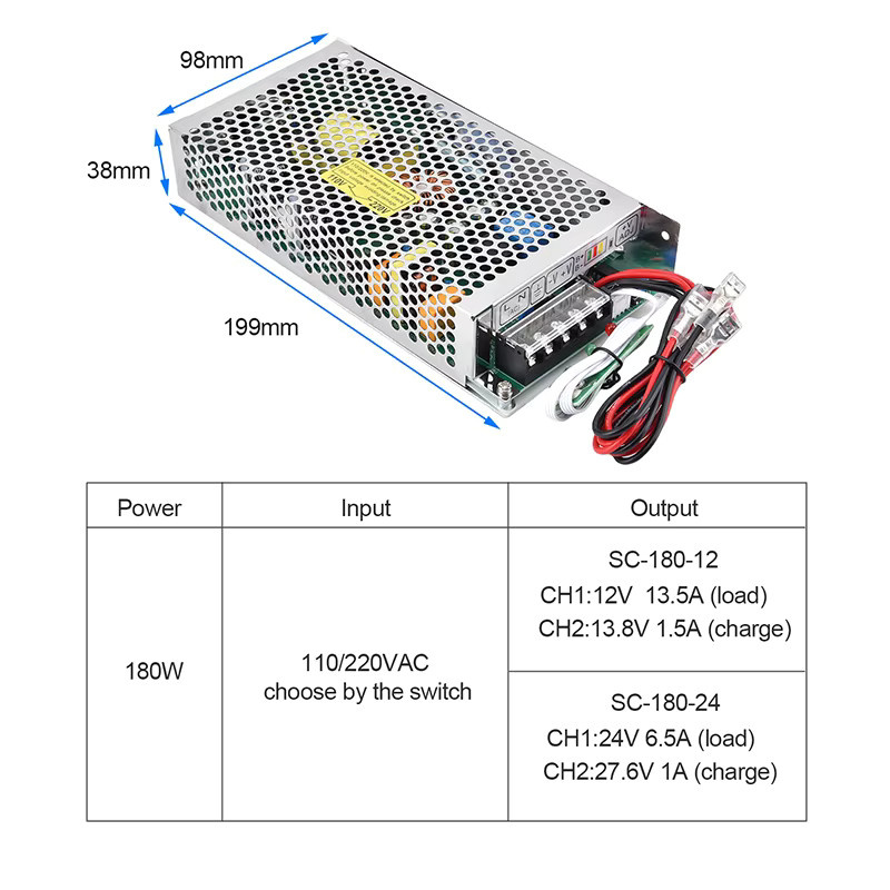 ZJIVNV 180 W Schaltnetzteil mit USV-Funktion und Blei-Säure-Batterie-Ladeausrüstung in Silber, Modelle SC-180-12 und SC-180-24 - Bild 2