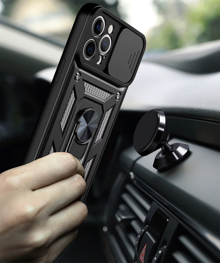 Stoßfeste iPhone 12 Pro Max Schutzhülle mit Kamera-Objektivschutz und magnetischer Auto-Halterung in Schwarz - Bild 3