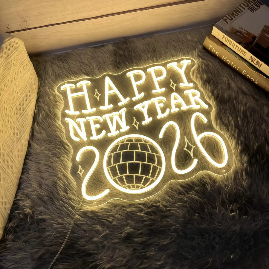 Dimmbares LED-Neonschild Frohes Neues Jahr 2026 mit Disco-Kugel für deine Wanddekoration in Retro-Optik - Bild 2