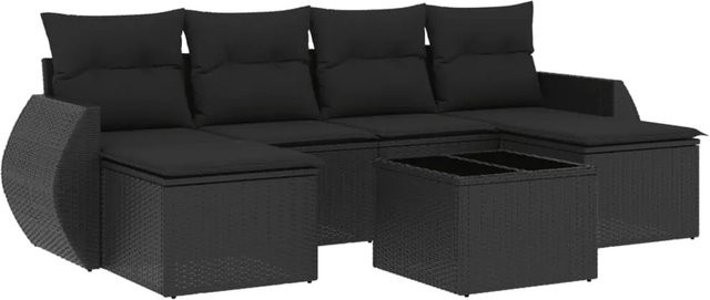 vidaXL 7-tlg Garten-Sofagarnitur aus Poly-Rattan in Schwarz mit Kissen und pulverbeschichtetem Stahlgestell - Bild 1
