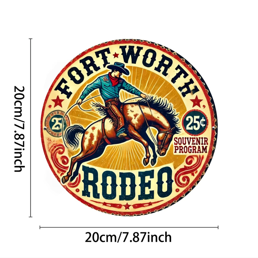 Potdemiel Vintage Fort Worth Rodeo Rundes Metallschild mit Cowboy- und Pferdedesign, Durchmesser: 20,3 cm, Mehrfarbig - Bild 2