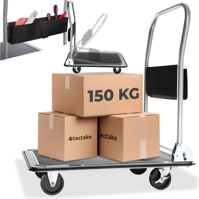 tectake Plattformwagen Schwarz aus Stahl mit klappbarem Handgriff, Aufbewahrungsfach und rutschfester Auflage, B/T/H: 73 x 47 x 83 cm - Bild 1