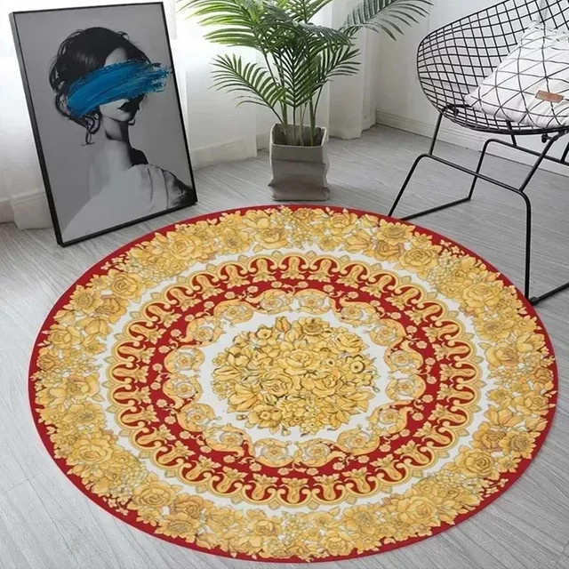 Runder Teppich mit floralem Muster in Gold und Rot, rutschfeste und weiche Blumenmatte für Wohnzimmer und Schlafzimmer - Bild 1