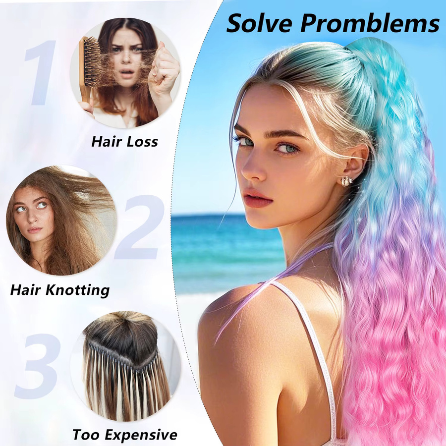 JIAMEISI Pferdeschwanz-Haarteile, Ombre, Blau Lila Rosa, Damen - Bild 4
