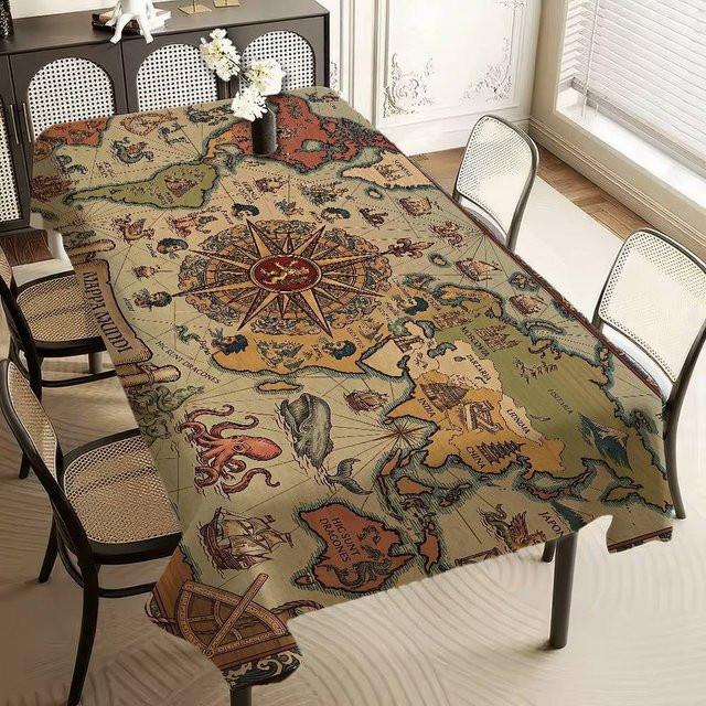 Rechteckige Tischdecke von JMG Household Supplies mit Alte Weltkarte und Nautischem Kompass Motiv, fleckenabweisend, Mehrfarbig, B: 150 cm, L: 280 cm - Bild 1