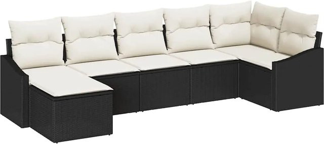 vidaXL Garten-Sofa-Set 7-teilig in Schwarz-Creme aus Poly-Rattan mit Polsterung und Fußhocker - Bild 1