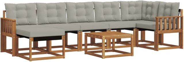 vidaXL Outdoor-Sofagarnitur 8-teilig L-Form aus Akazienholz mit Kissen in Natur und Hellgrau - Bild 1