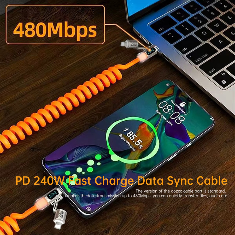 Setolgh 4-in-1 Spiralkabel mit LCD Dynamischem Display und 240W Schnellladefunktion, einziehbares USB-C Autokabel in Orange für iPhone und Samsung Galaxy, Farbe: Orange - Bild 3