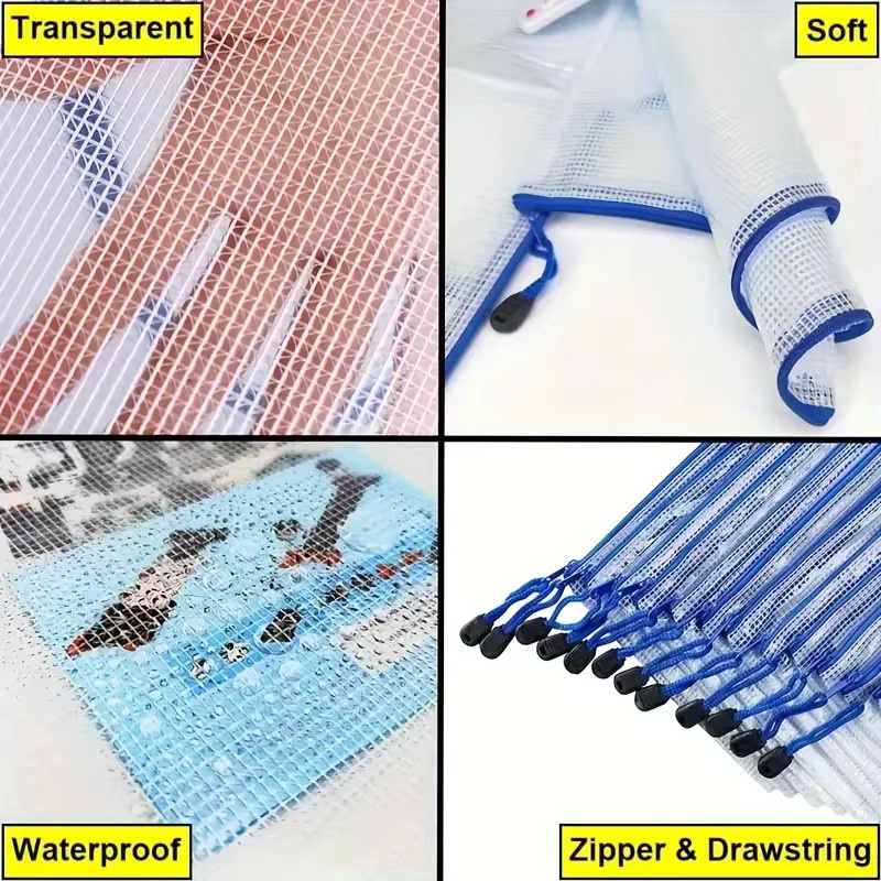 10er-Pack wasserdichte PVC-Mesh-Aufbewahrungstaschen mit Reißverschluss in Weiß für A3, A4 und A5 Dateien, Spielzeug oder Schreibwaren - Bild 3