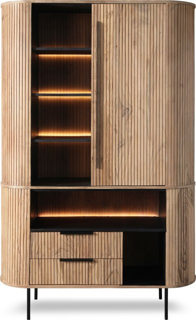 Highboard WOLFMÖBEL aus Akazie massiv in Braun und Grau mit integrierter Beleuchtung und Regalen, B/T/H: 118 x 40 x 195 cm - Bild 1