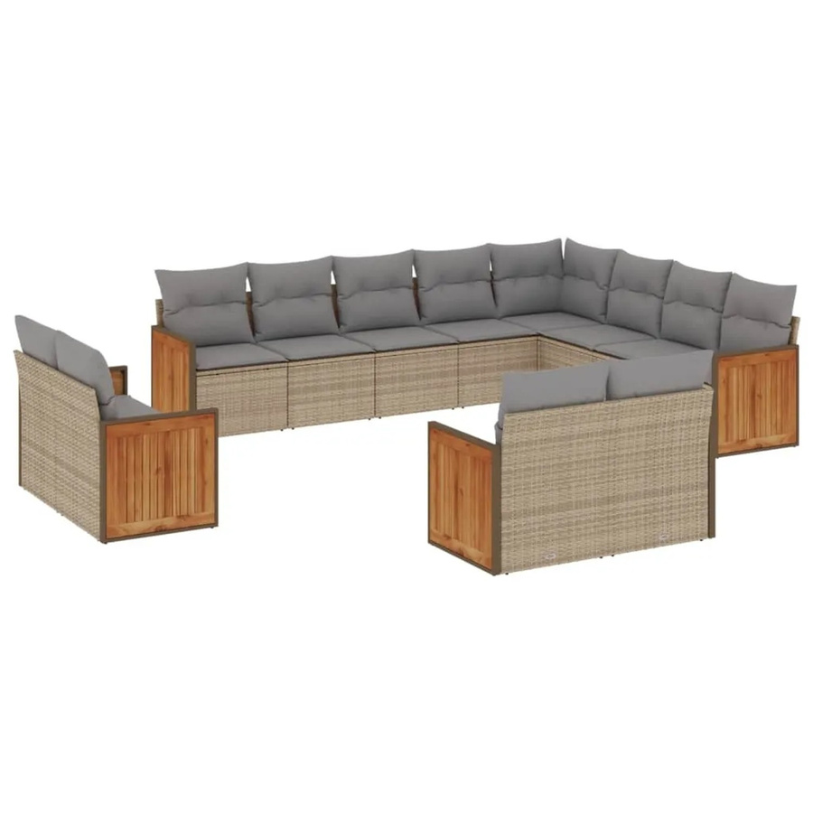 vidaXL 12-teilige Garten-Sofagarnitur in L-Form aus Polyrattan und Akazienholz mit Kissen in Beige - Bild 2