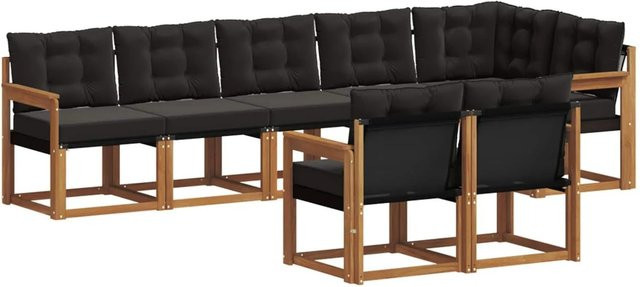 vidaXL Outdoor-Sofagarnitur 8-teilig aus Akazienholz und Textilene in Natur und Schwarz mit Kissen - Bild 1