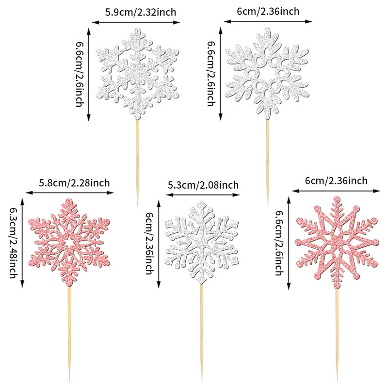 YOMDID 25 Stück glitzernde Schneeflocken-Kuchendekoration in Pink und Silber als Weihnachts-Cupcake-Topper und Schneeflocken-Picks - Bild 6