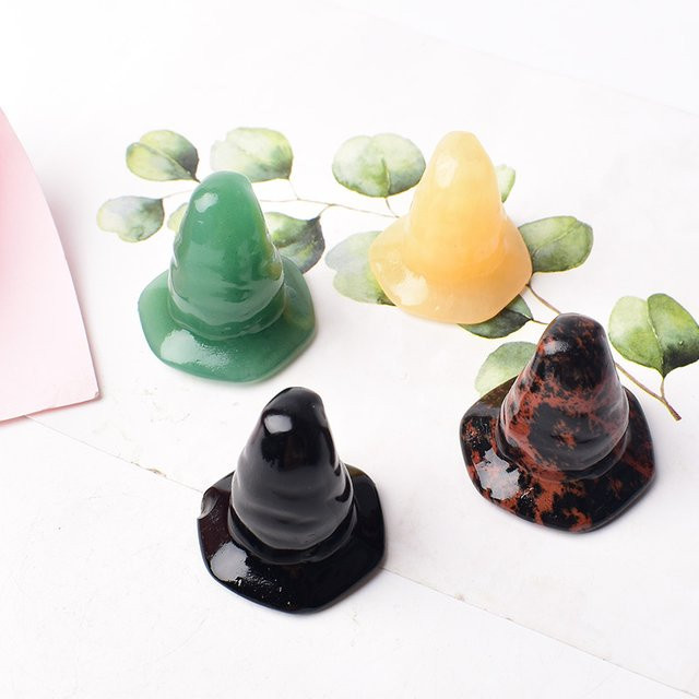 RYCRYSTAL Natürliche Kristall Ornament aus Obsidian und Aventurin in Form eines Halloween-Hutes, Grün - Bild 1