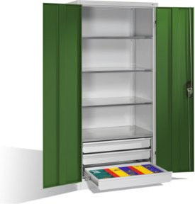 C+P Werkzeugschrank mit Drehtüren, 4 Böden und 3 Schubladen, Korpus Lichtgrau, Front Resedagrün, H x B x T: 195 x 93 x 60 cm - Bild 1