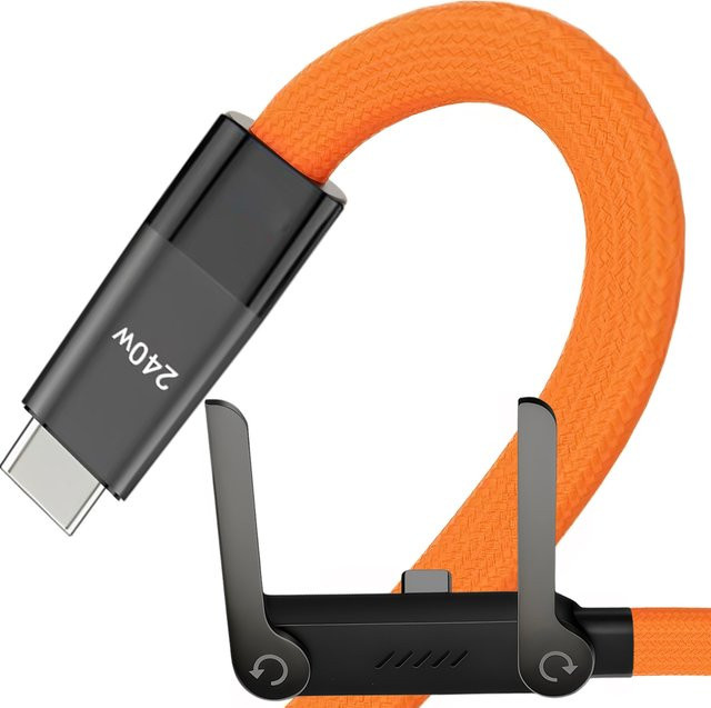 BESY 2-in-1 Schnellladekabel Typ-C zu Typ-C mit faltbarer Halterung für Telefon und Tablet, 240W, Schwarz/Orange - Bild 1