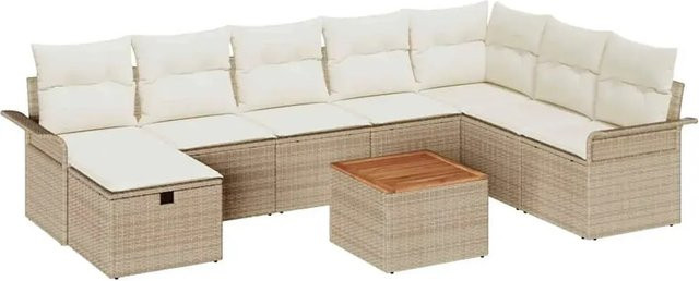 vidaXL Garten-Sofa-Set aus Poly-Rattan und Akazienholz in Beige, 9-teilig mit Kissen und Stauraum - Bild 1