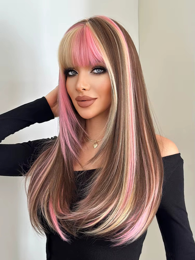 7JHH WIGS Perücke, braun mit rosa Highlights, synthetisch, Damen - Bild 5