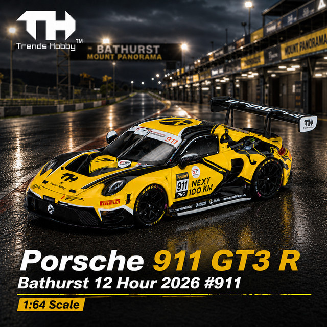 Trends Hobby Porsche 911 GT3 R 2026 Bathurst 12 Stunden Rennen, Miniaturmodell, 1:64, Gelb - Bild 1