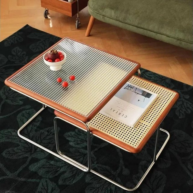 XMSJ Couchtisch im Mid-Century-Stil aus Rattan und Glas in Braun - Bild 1