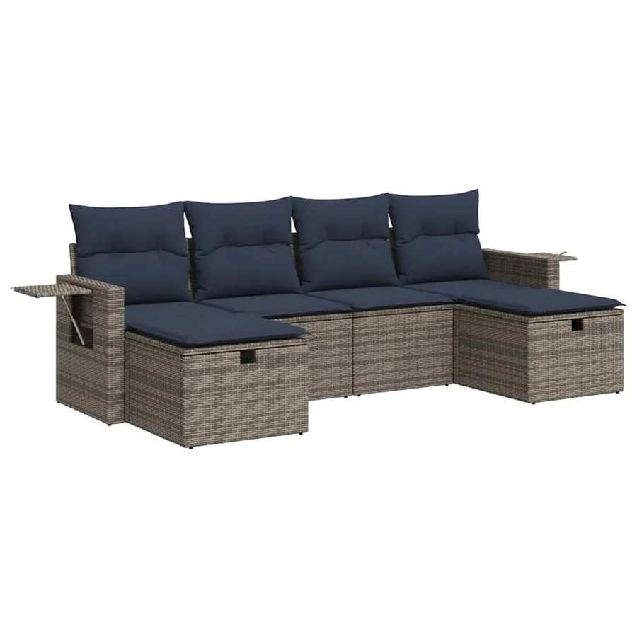 vidaXL 6-teilige Garten-Sofagarnitur aus Poly-Rattan mit Kissen in Grau und Marineblau - Bild 2