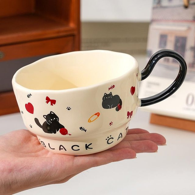 Niedliche Keramik-Katzenbecher mit Löffel und Trinkwasserbecher für dein Frühstück, 350 ml, in Grün, Orange oder Weiß - Bild 1