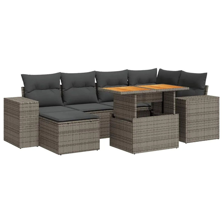 vidaXL 7-teilige Garten-Sofagarnitur aus Poly-Rattan in Grau mit Kissen und Akazienholz - Bild 2