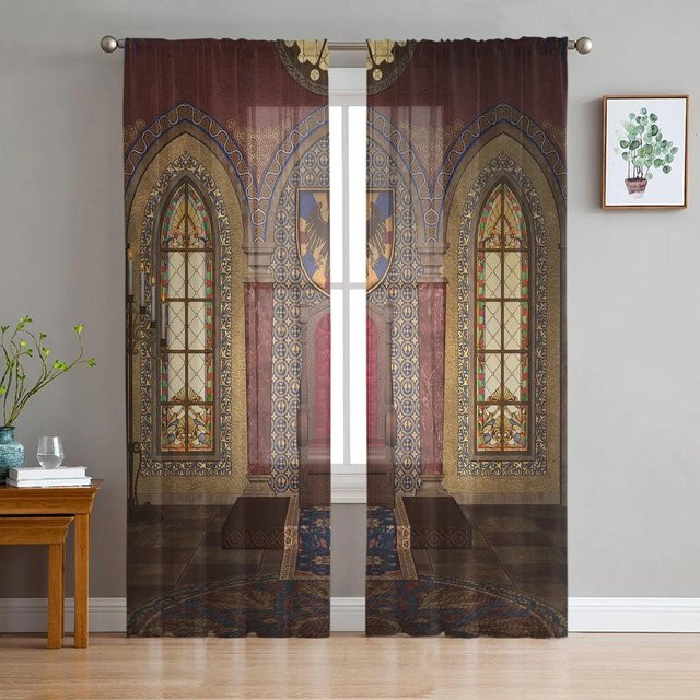 Yiran Furniture Marokkanische Vintage Chiffon-Vorhänge aus Viskose in Braun, Transparent, B: 135 cm, H: 137 cm - Bild 1