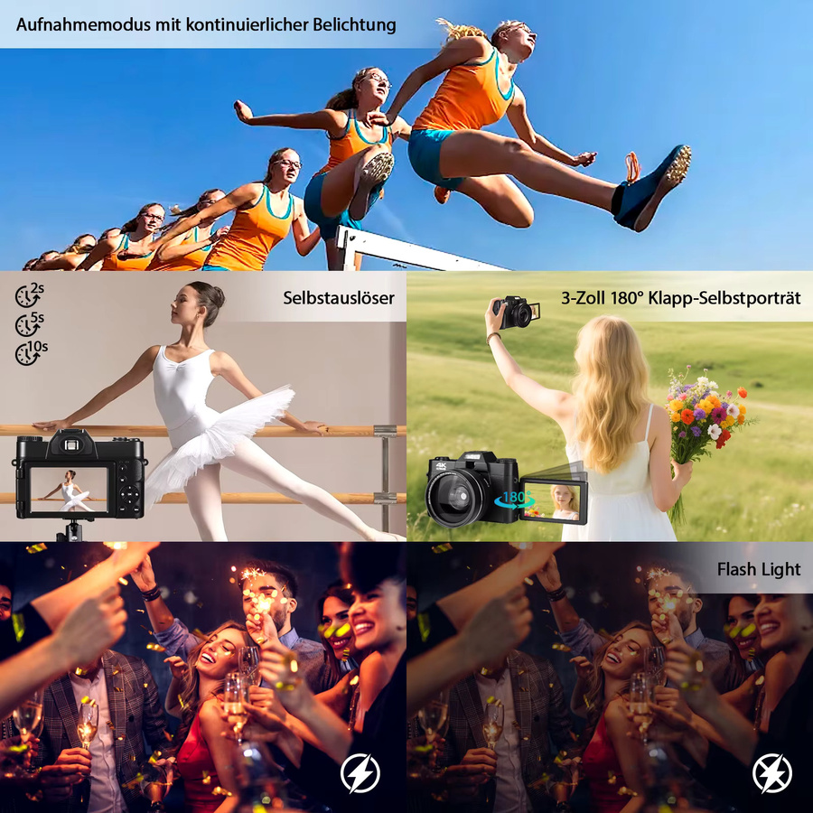 Demann Digitalkamera 4K mit 48 Megapixeln, kompakte Vlog Kamera in Schwarz mit 180 Grad klappbarem LCD-Bildschirm, WLAN und HDMI Anschluss - Bild 3