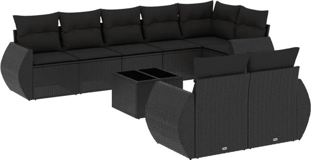 vidaXL 9-tlg Garten-Sofagarnitur aus Poly-Rattan mit Kissen in Schwarz - Bild 1