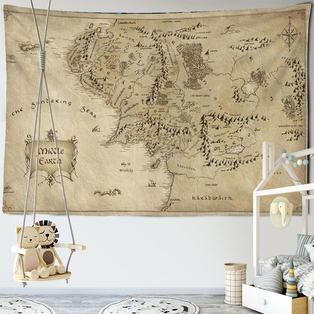 Antike Piraten Schatzkarte Wandteppich im Boho-Stil, Farbe: Gold und Beige, B/H: 150 x 130 cm - Bild 1