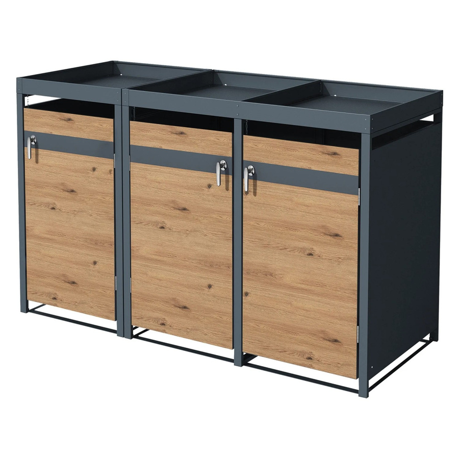 ML-Design Mülltonnenbox mit Pflanzdach für 3 Tonnen aus Stahl in Anthrazit-Eichenoptik, B/T/H: 200 x 80 x 124 cm - Bild 3