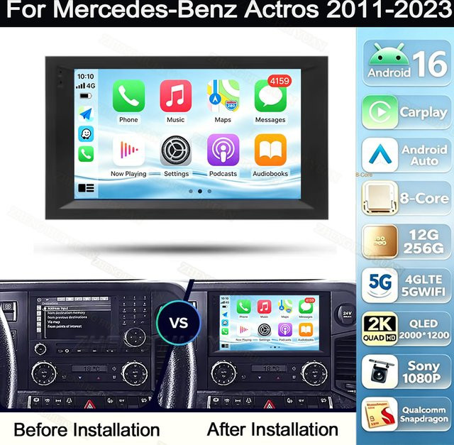 TIEYEZ Android 16 Autoradio Multimedia-Player für Mercedes-Benz Actros 2011 - 2023 mit Android Auto, CarPlay, GPS und WIFI in Schwarz - Bild 1