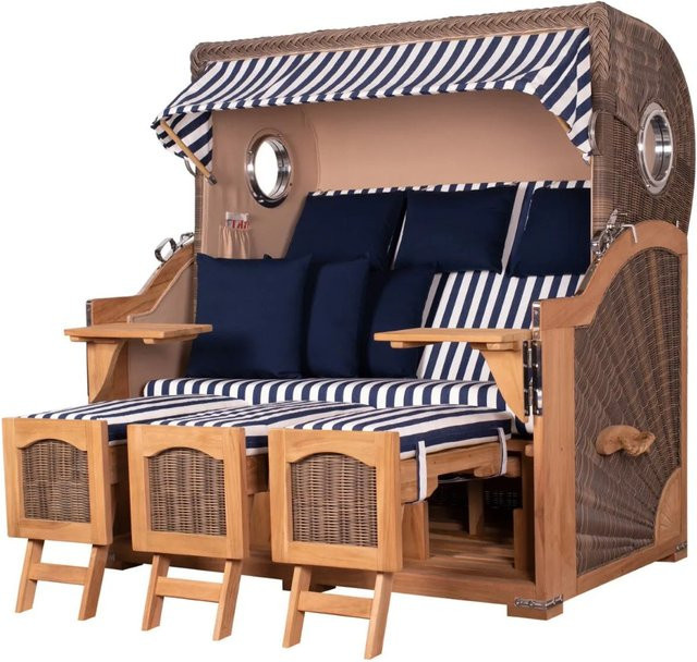 bene,iving Strandkorb Komplettset Ammersee Grande XXL aus Teakholz mit Polyrattangeflecht in Grau Modell 518 - Bild 1