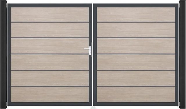 GroJa Tor 2-flügelig Basicline Premium Sheffield Oak Rahmen, Farbe Braun, B: 306 cm, H: 180 cm, DIN Links mit Sichtschutz - Bild 1