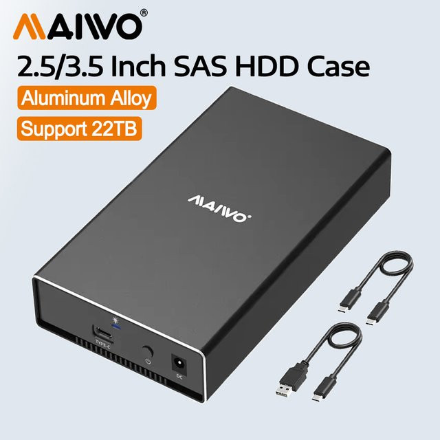 MAIWO SAS HDD-Gehäuse für 2,5 und 3,5 Zoll SAS SATA Festplatten mit USB-C Anschluss, Schwarz, unterstützt bis zu 22 TB Kapazität - Bild 1