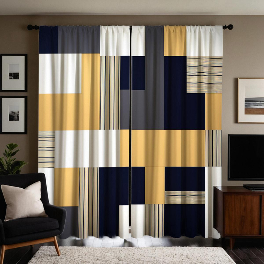 2er-Set Geometrische Vorhänge von Household supplies MH in Gelb und Multicolour, semi-transparent mit modernem Grafikdesign, B: 132 cm, H: 160 cm - Bild 4