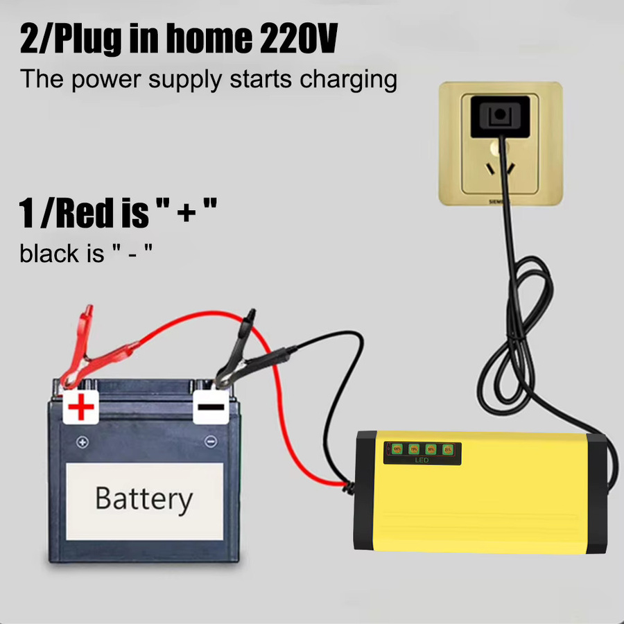 12V 2A Autobatterie Ladegerät mit Power Puls Reparaturfunktion und LED Display für Blei-Säure Batterien in Gelb - Bild 2