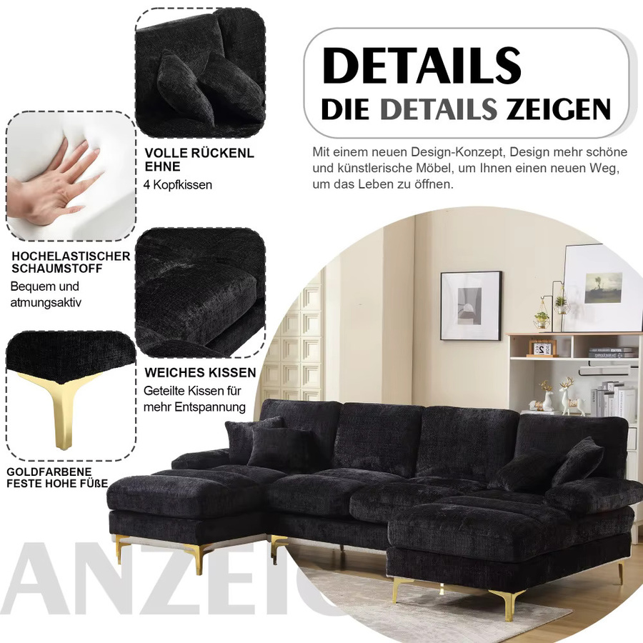Ye Modernes U-förmiges Ecksofa aus Chenille in Schwarz mit zwei manuellen Relaxfunktionen - Bild 6