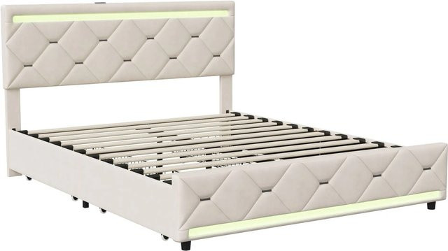 PXloue Polsterbett Doppelbett mit LED-Beleuchtung und Schubladen aus Samt in Beige, B/T/H: 160 x 200 x 104 cm - Bild 1