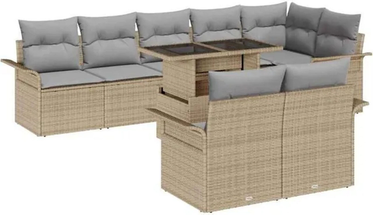 vidaXL Garten-Sofa-Set aus Poly-Rattan mit Kissen und Stauraum, 9-teilig, Beige - Bild 1