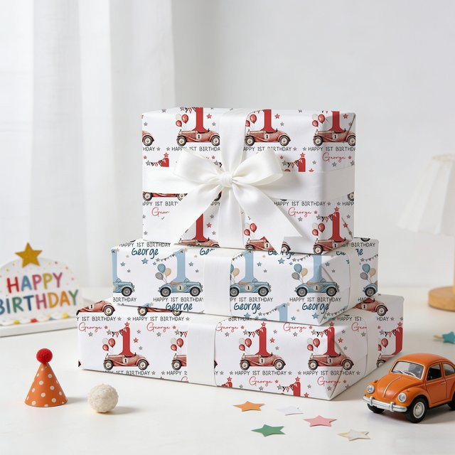 Personalisierbares Racing-Geschenkpapier mit Rennwagen-Motiv für deine Geburtstagsparty, joy-enlife - Bild 1