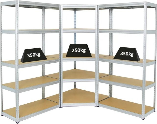 PROREGAL Regal-Set aus Metall und MDF bestehend aus 1x Eckregal und 2x Slim Elephant Schwerlastregal in Silber, Fachlast bis 350 kg, verstellbare Regalböden - Bild 1