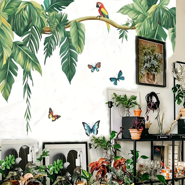 Duruibom Wandtattoo Tropischer Papagei mit Schmetterling und Palmen in Grün für Schlafzimmer, Badezimmer und Küche - Bild 1