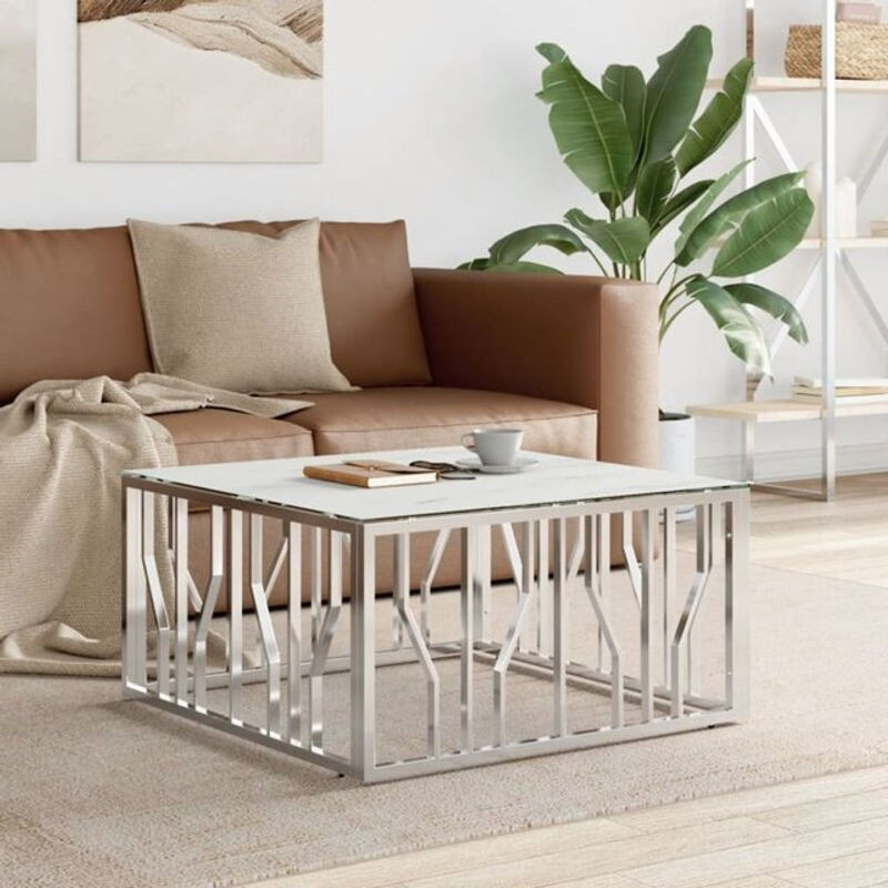 Modern Couchtisch aus Edelstahl und Glas von vidaxl in Silber und Weiß, B/T/H: 80 x 80 x 40 cm - Bild 1